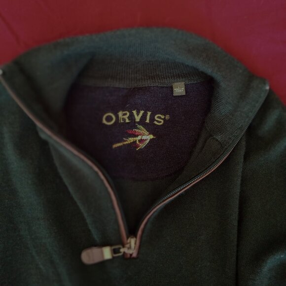 Orvis 100% MERINO WOOL Forest Green 1/4-Zip Sweater w/Leather Zipper Trim - Picture 2 of 7